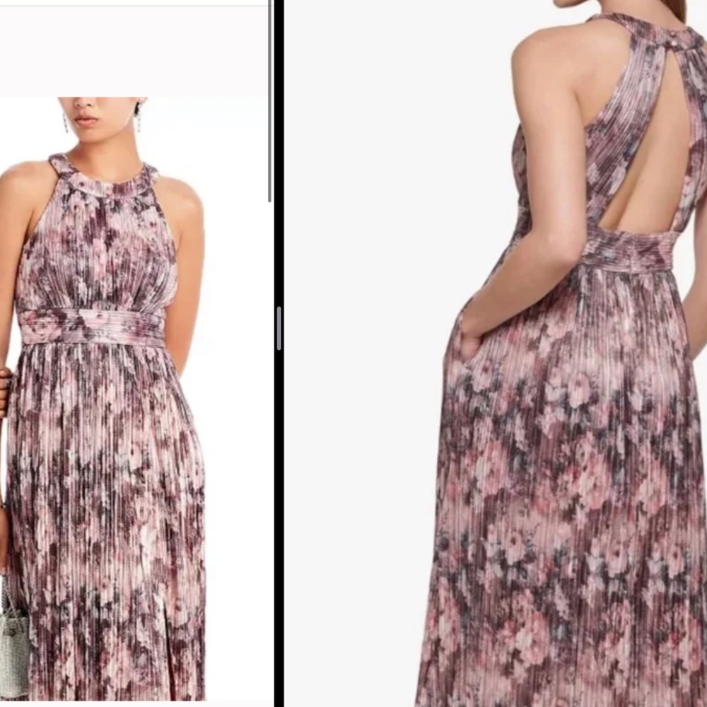 Eliza J metallic plum floral halter neck long gown NWT